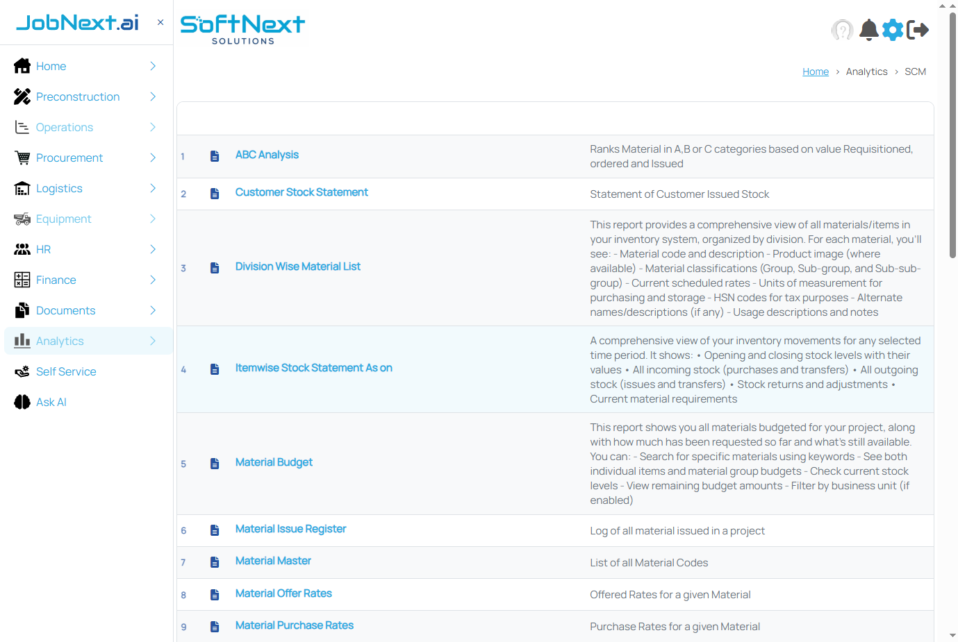 SCM Analytics dashboard showing procurement pipeline, stock levels, and vendor performance