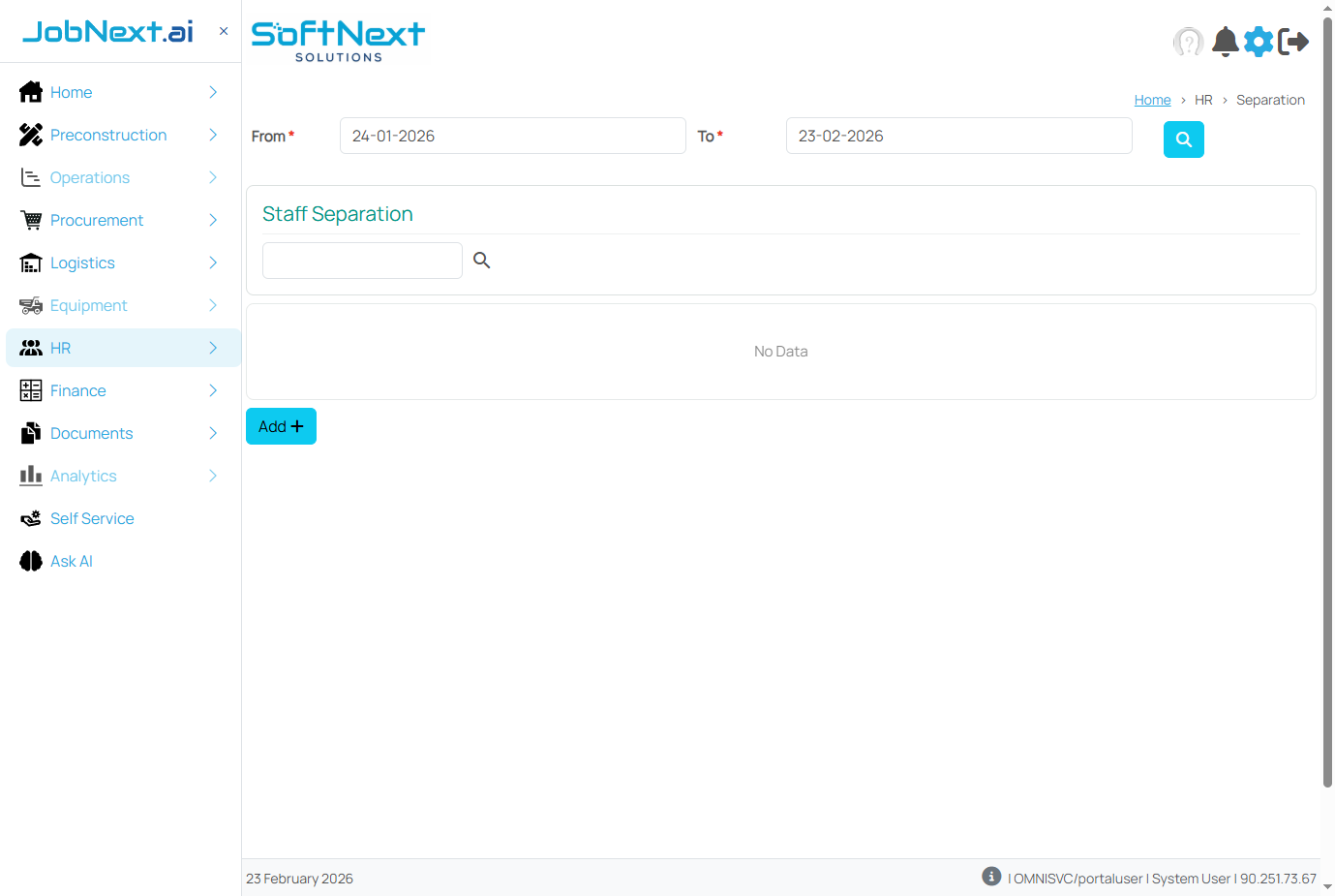 Employee separation page showing settlement initiation, last working date, reason for separation, and final settlement calculation fields