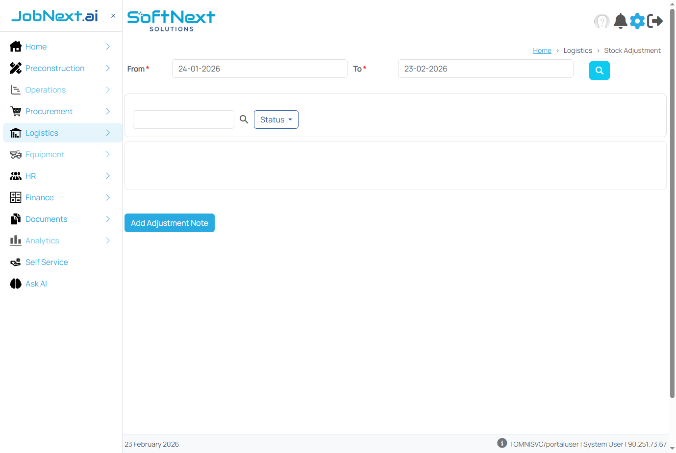 Stock Adjustment page showing material items, system quantities, physical quantities, and adjustment entries