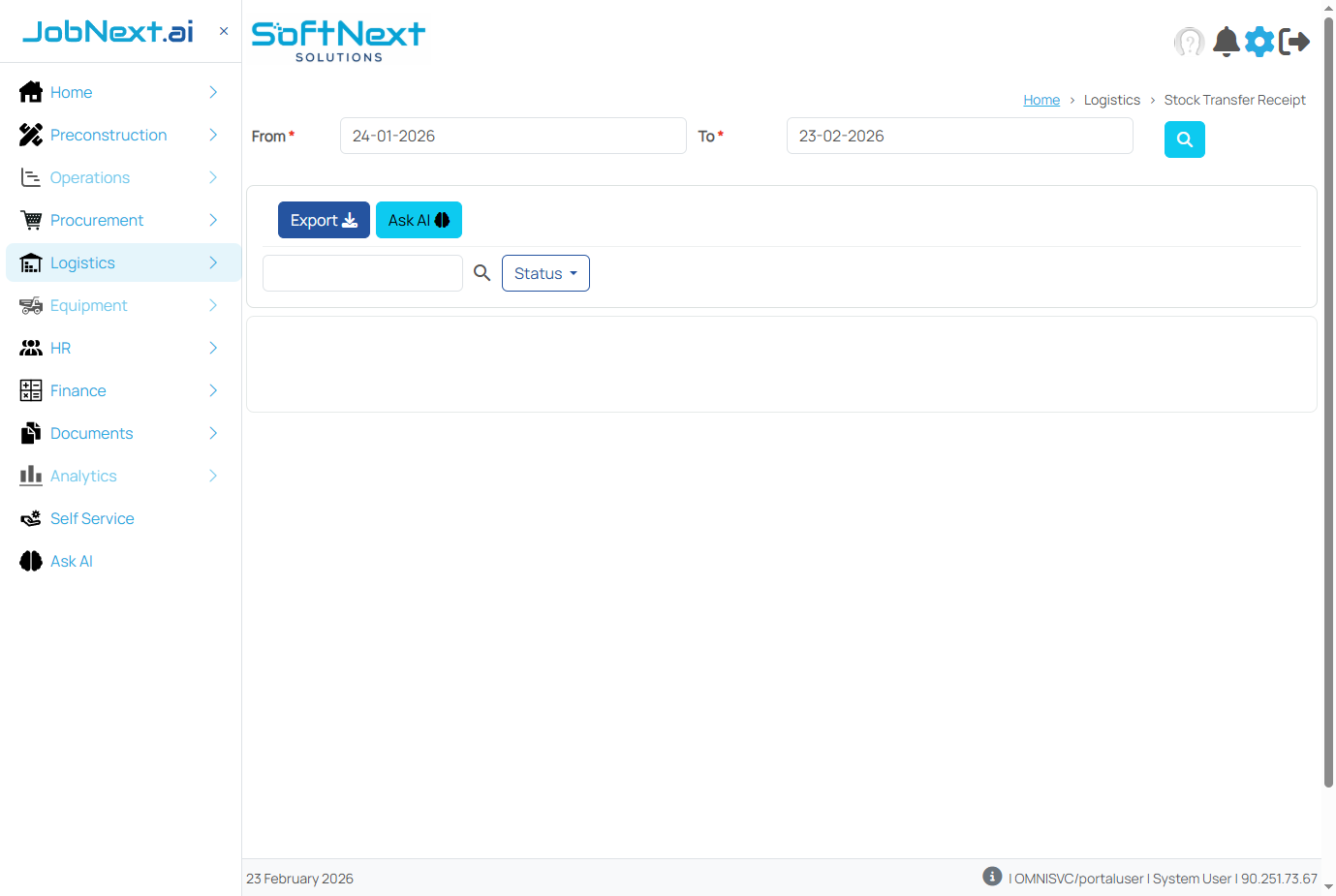 Stock Transfer page showing source job, destination job, materials being transferred, and transfer quantities