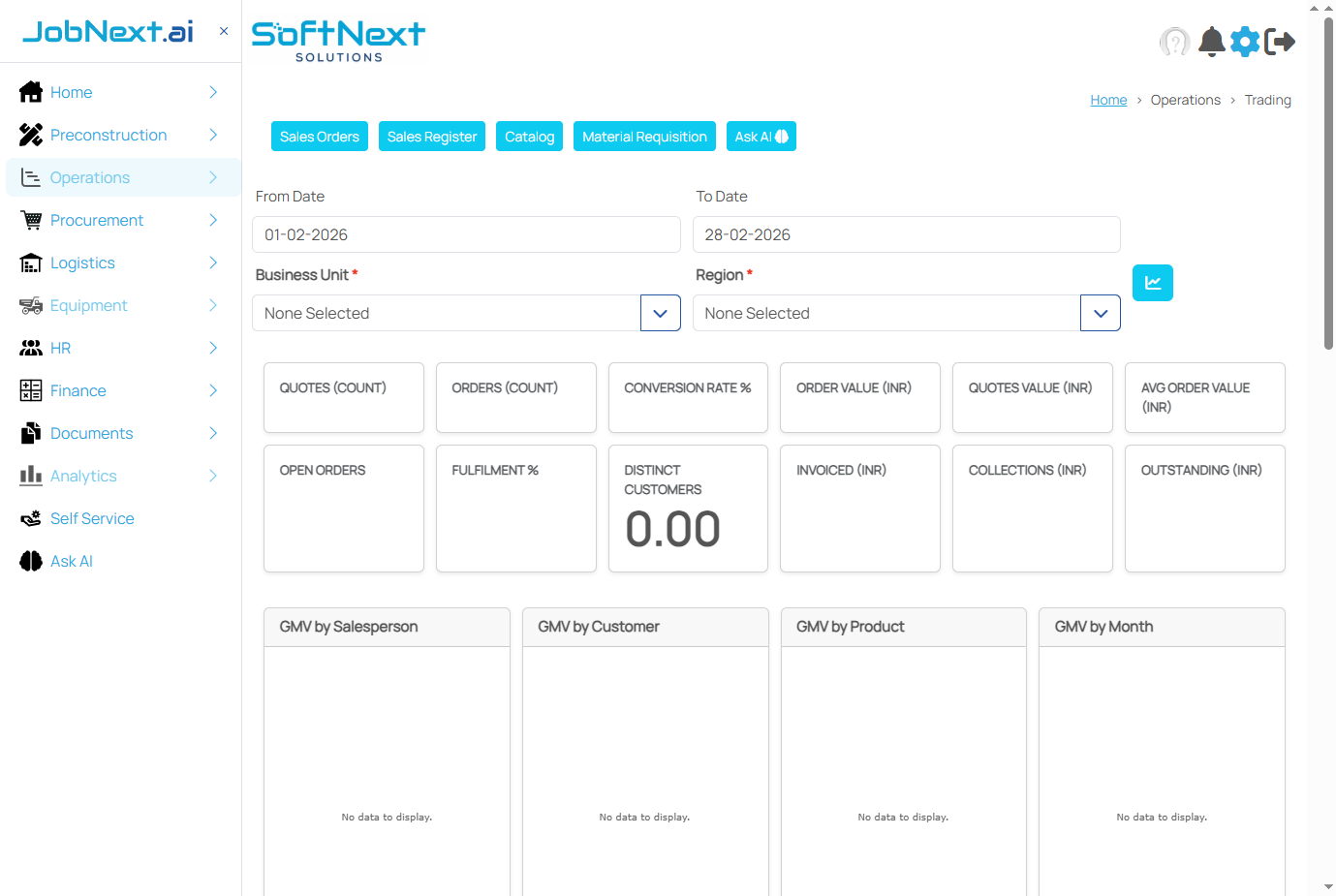 Trading module overview showing sales orders, catalogs, and customer returns functionality