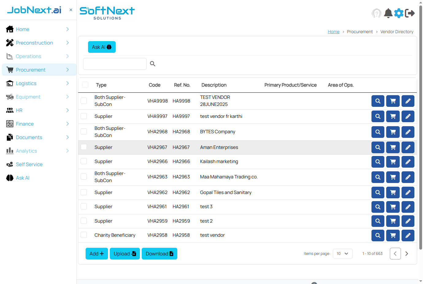 Vendor directory showing a list of registered vendors with columns for vendor code, name, type, GST number, and status