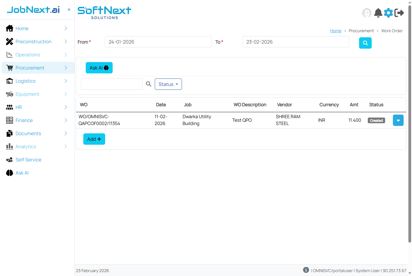 Work Orders listing showing WO numbers, subcontractor names, values, statuses, and progress indicators