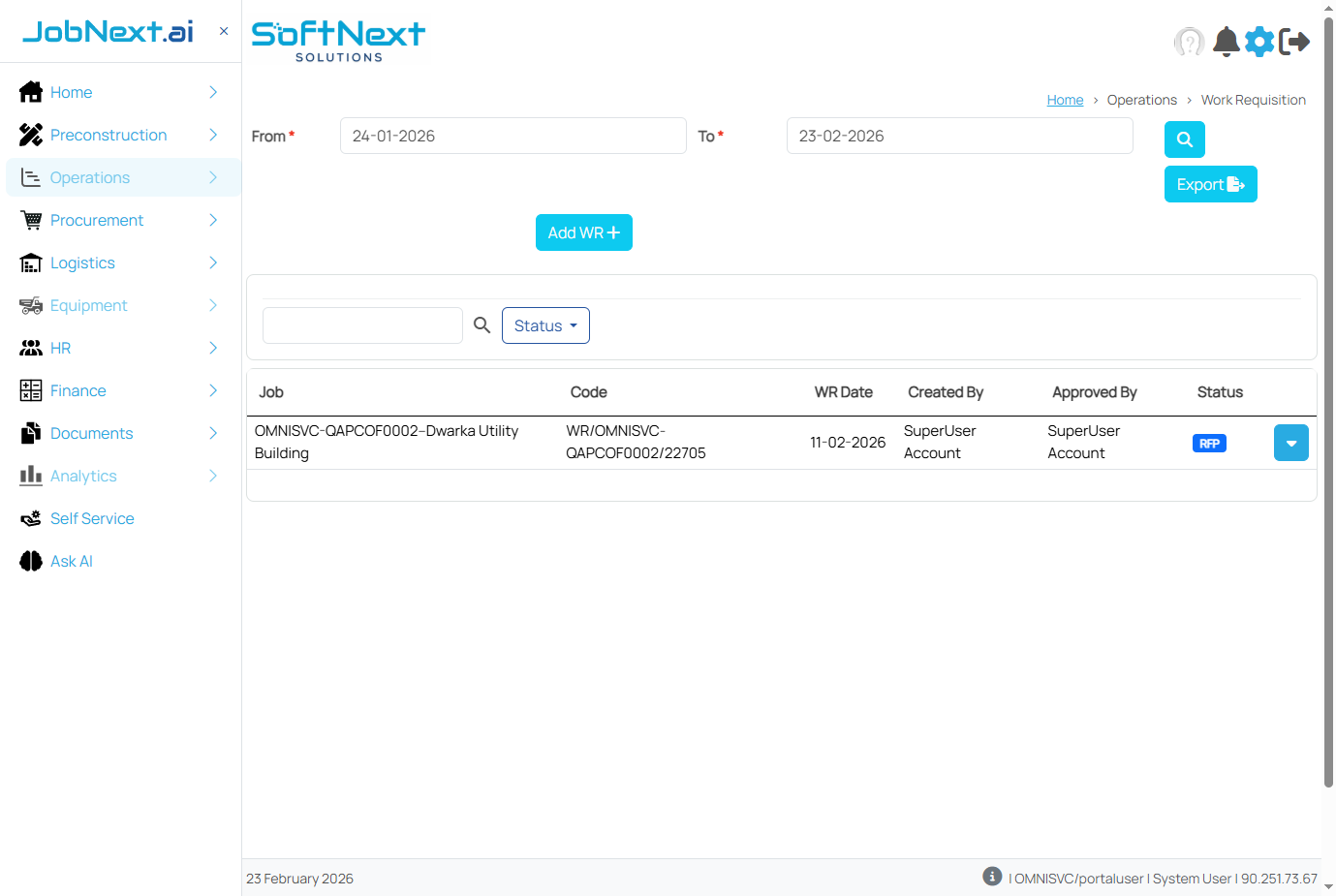 Work Requisitions listing showing WR numbers, work items, quantities, statuses, and approval progress